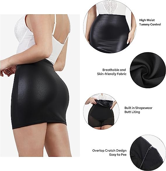 Women's Black Shapewear Faux Leather Skirt with Built-in Shapewear High Waist Tight Slit Midi Skirt