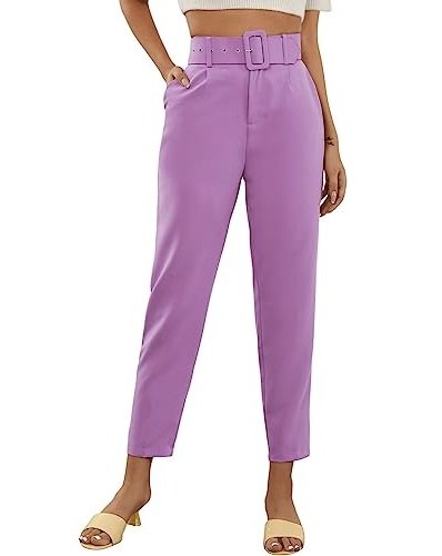 Women's High Waist Suit Pants Belted Crop Pencil Pants with Pockets