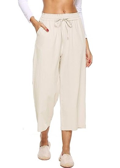 Ladies Linen Pants High Waist Wide Leg Drawstring Loose Trousers