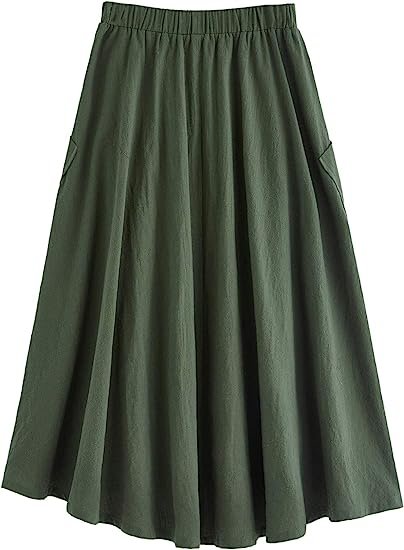 Women's Casual High Waist Pleated A-Line Midi Skirt with Pocket
