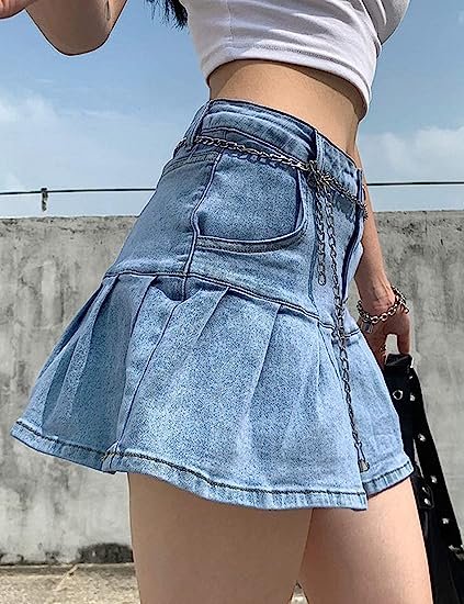 Women's Casual Slim A-line Pleated Ruffle Short Mini Denim Skirts