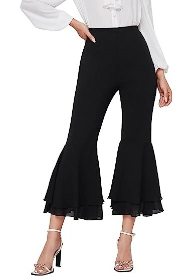Women's Elastic Waist Layered Ruffle Flare Bell Cropped Pant