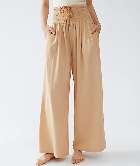 Ladies Linen Trousers, High Waist Pocket Cotton Linen Wide Leg Pants