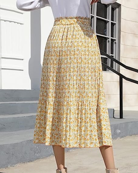 Womens High Waist Polka Dot Pleated Skirt Midi Swing Skirt with Pockets