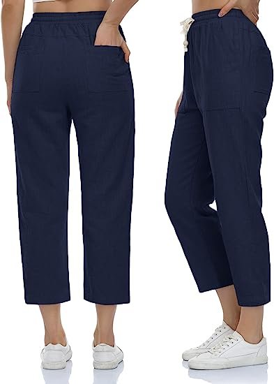 Women's Linen Trousers, Drawstring 4 Pocket High Waist Slip-On